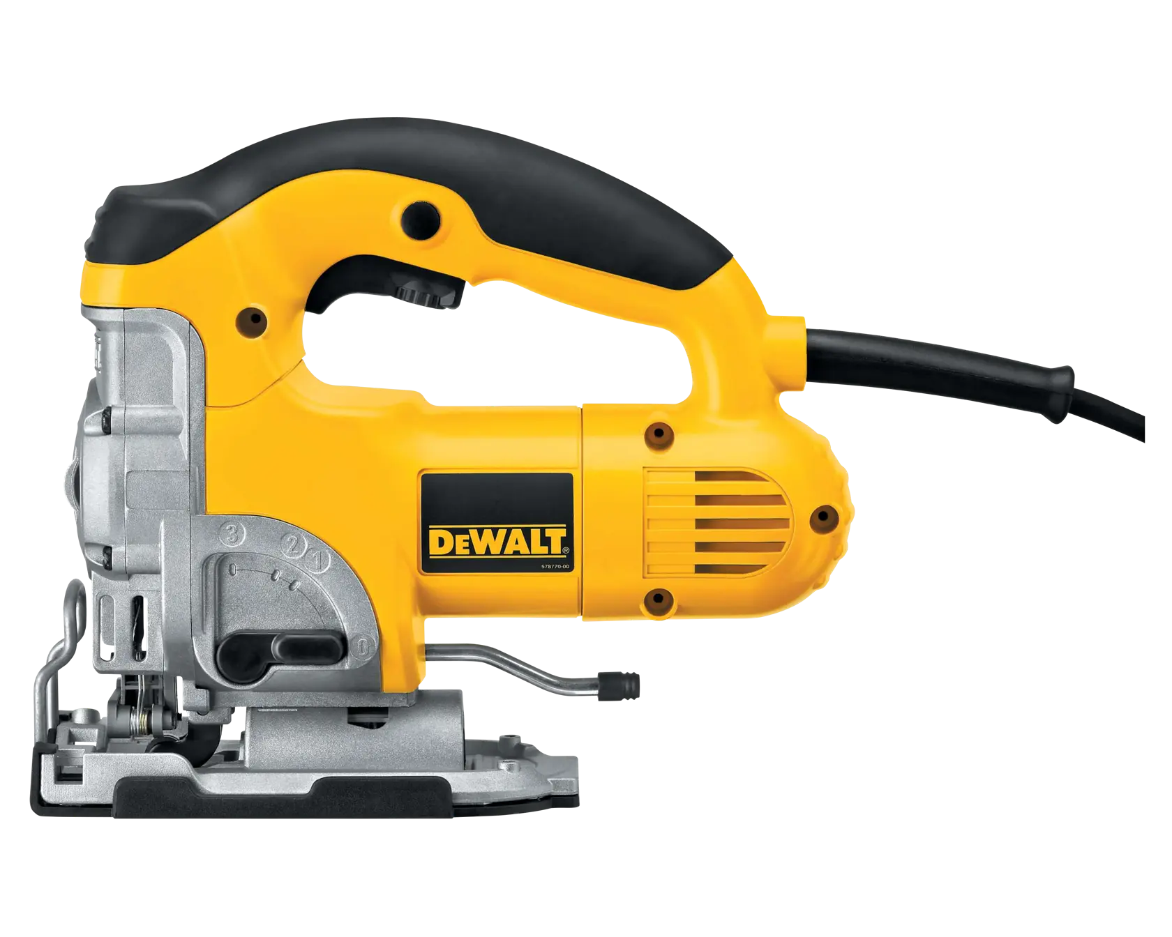 Yellow and black DEWALT DW331K corded jigsaw tool, shown from the side against a white background.