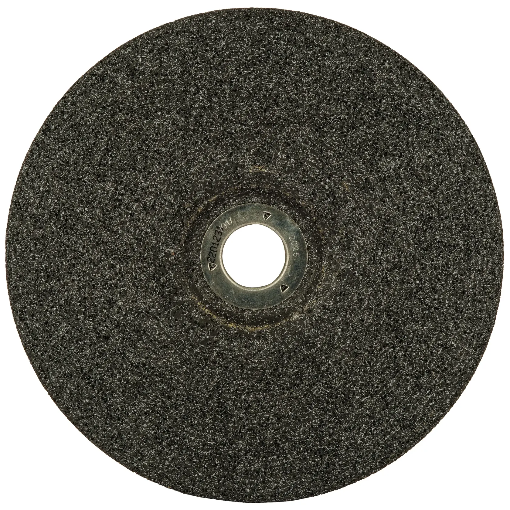 A close-up image of a DEWALT abrasive grinding wheel with a circular metal center.