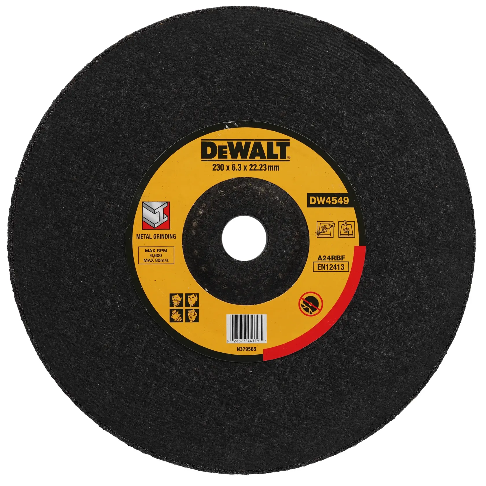 A DEWALT metal grinding wheel, model DW4549, with dimensions 230 x 6.3 x 22.23 mm. The disc is black with a yellow label in the center showing safety instructions and specifications. Suitable for metal grinding applications.