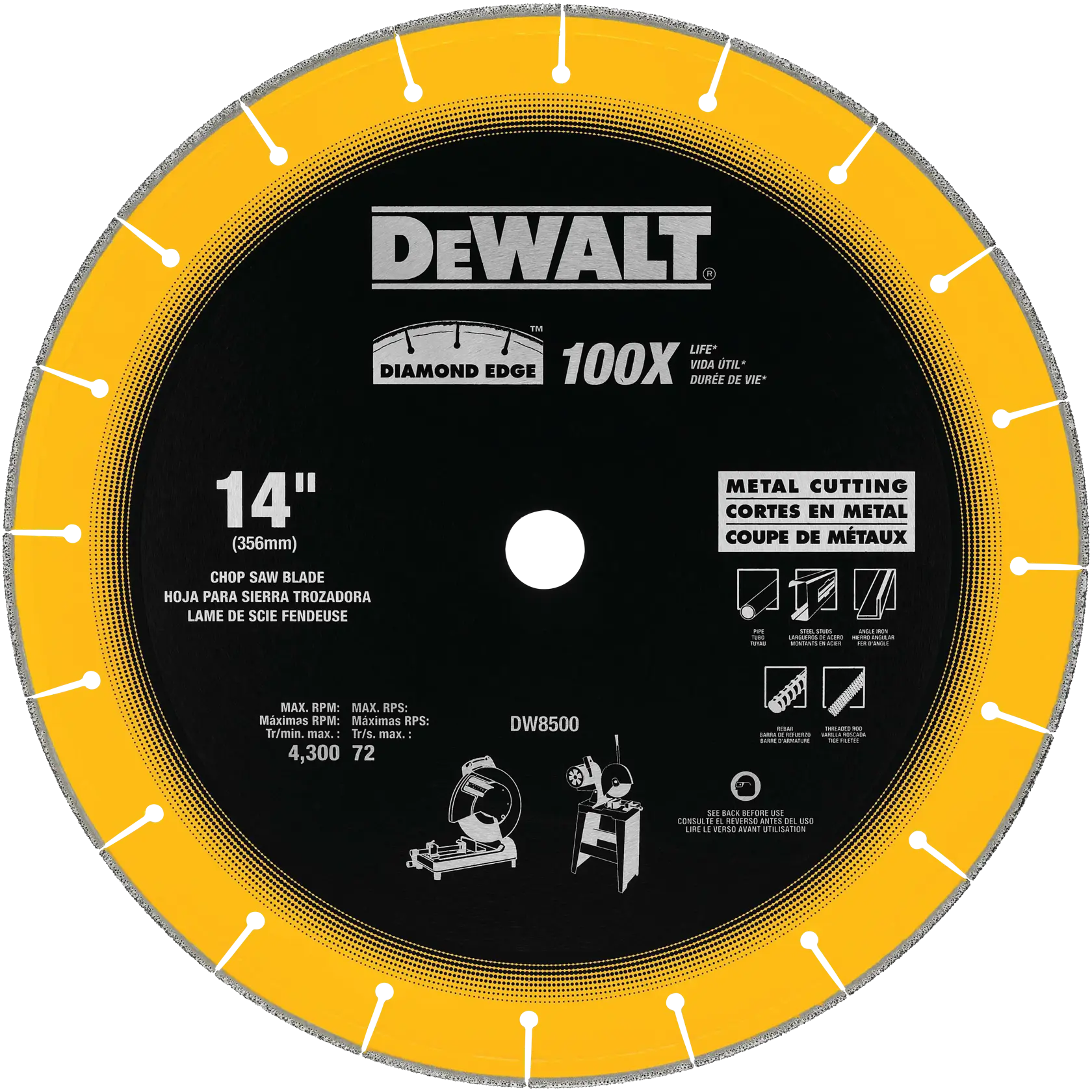 DEWALT DW8500 14-inch diamond edge chop saw blade for metal cutting, with black and yellow color, labeled for metal cutting applications and featuring product specifications and illustrations.