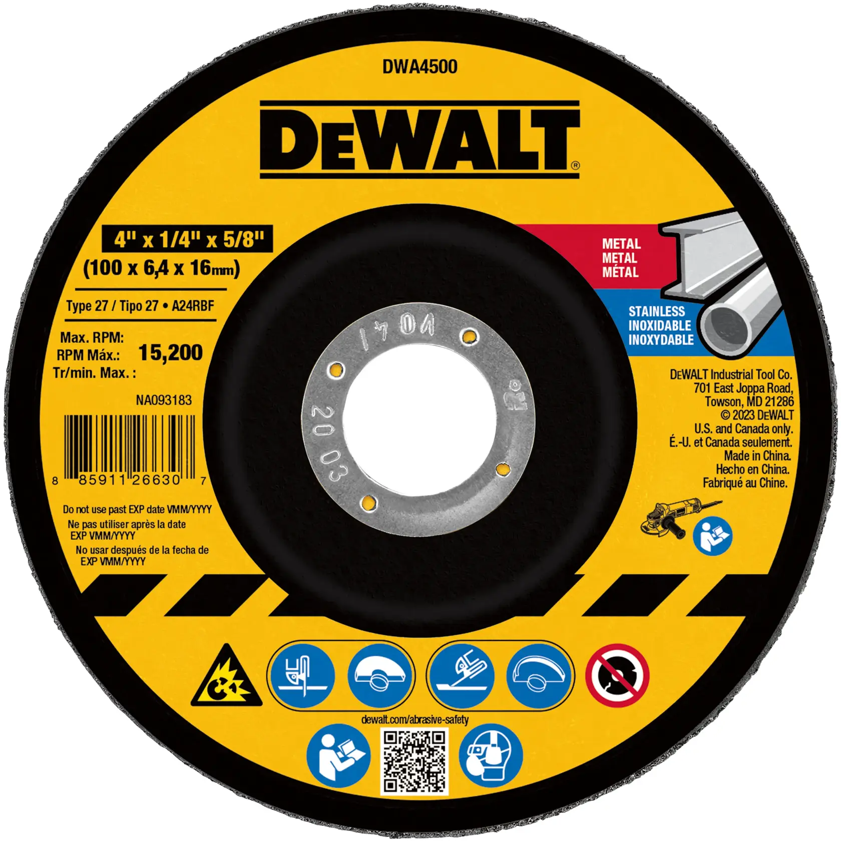 A DEWALT branded abrasive cutting wheel, model DWA4500, with specifications for metal and stainless steel cutting. The wheel is 4 inches in diameter, 1/4 inch thick, and has a 5/8 inch arbor hole (100 x 6.4 x 16 mm). Maximum RPM is 15,200. The label includes safety warning icons and information in multiple languages, along with a barcode and QR code.