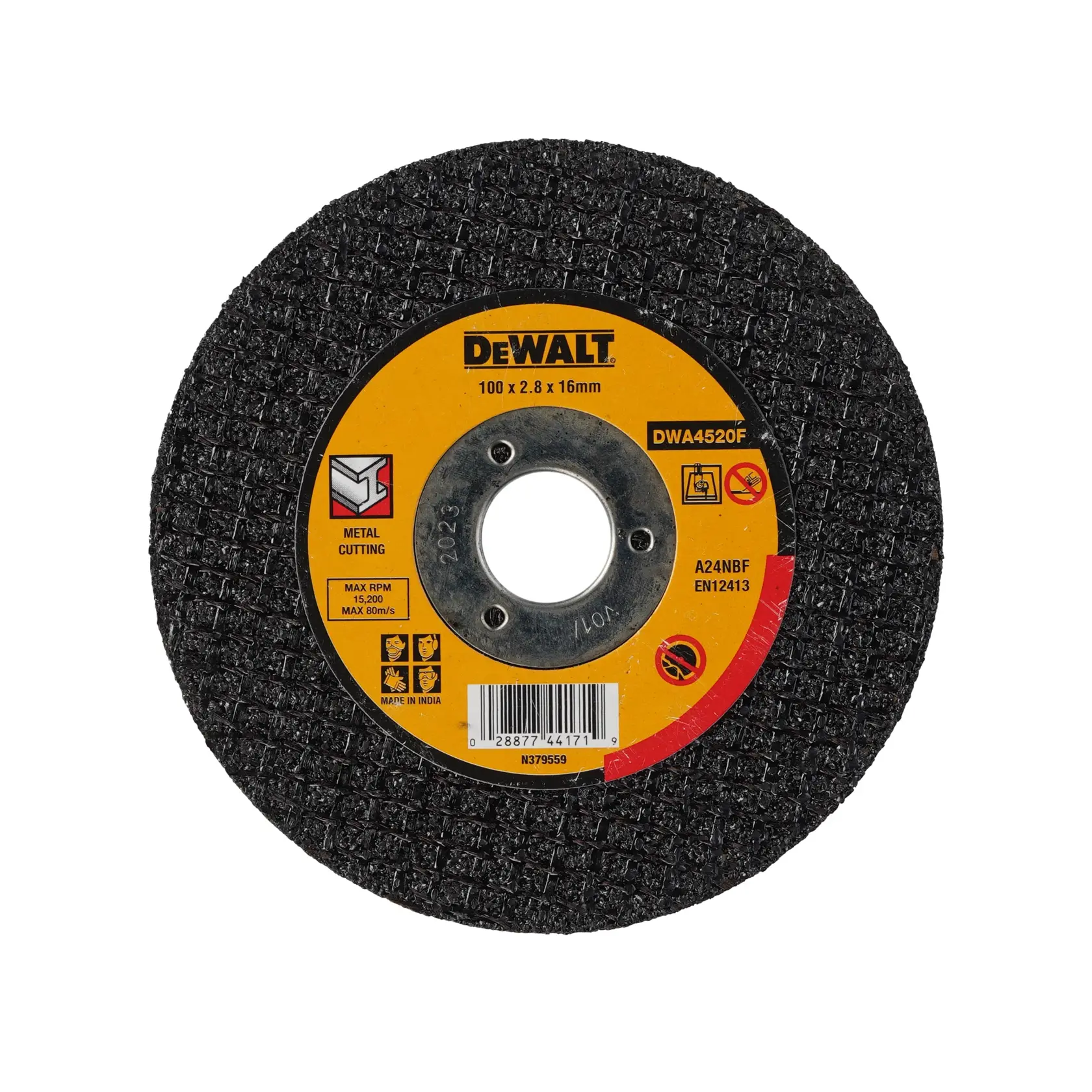 A DEWALT brand metal cutting disc, model DWA4520F, with a diameter of 100mm, thickness of 2.8mm, and bore size of 16mm. The disc is designed for cutting metal and features a yellow label with safety icons and product details.