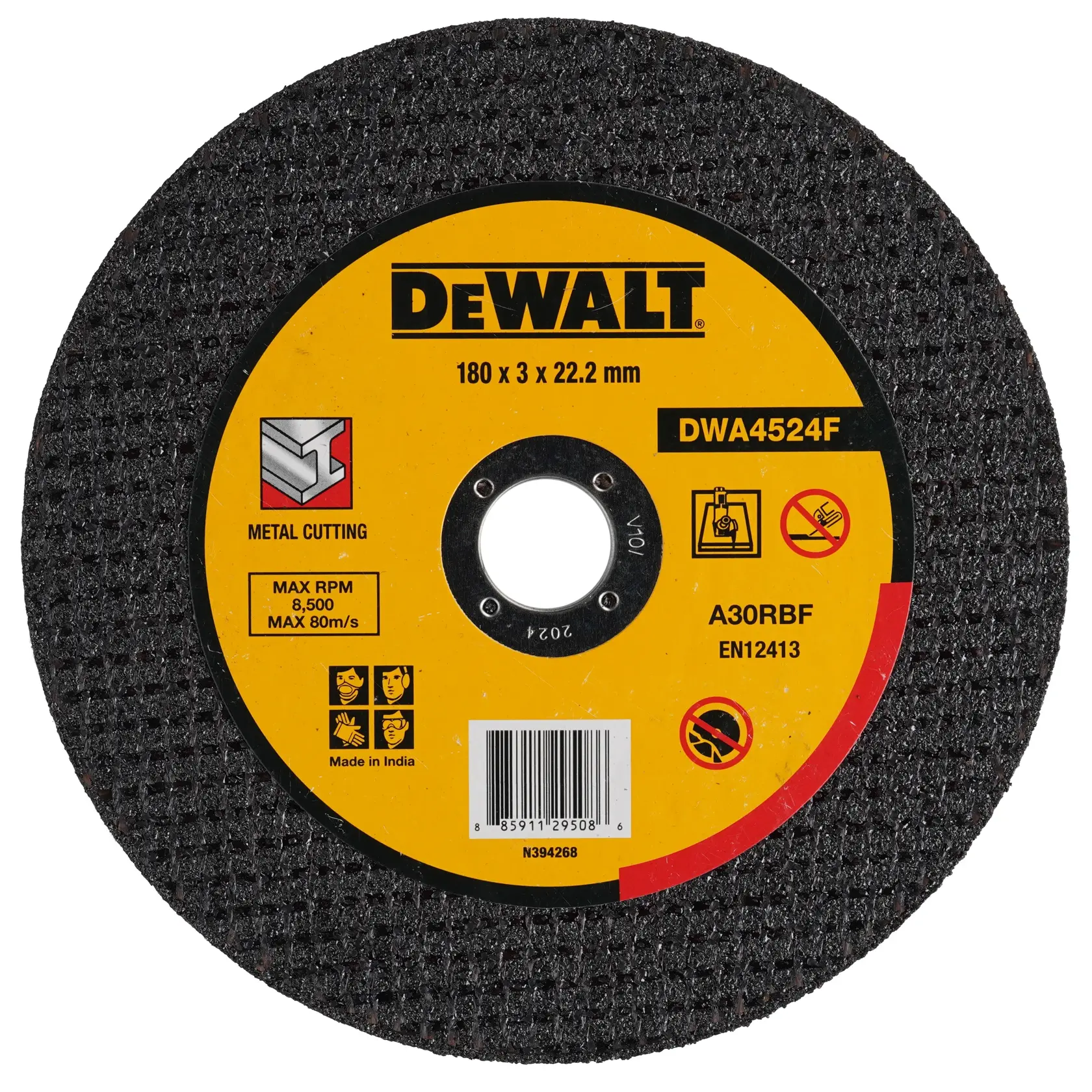 A close-up image of a DeWalt metal cutting abrasive disc, model DWA4524F, with specifications 180 x 3 x 22.2 mm. The disc is black with a yellow center label displaying safety icons, usage information, barcode, and brand details.