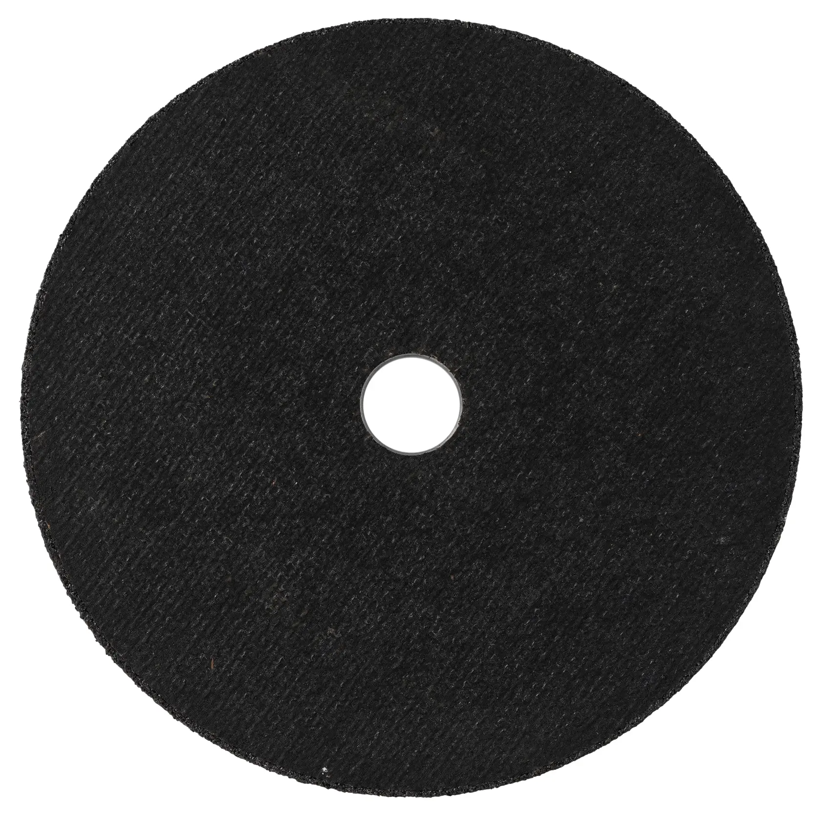 A close-up image of a round black cutting disc with a central hole, used for abrasive cutting tasks.