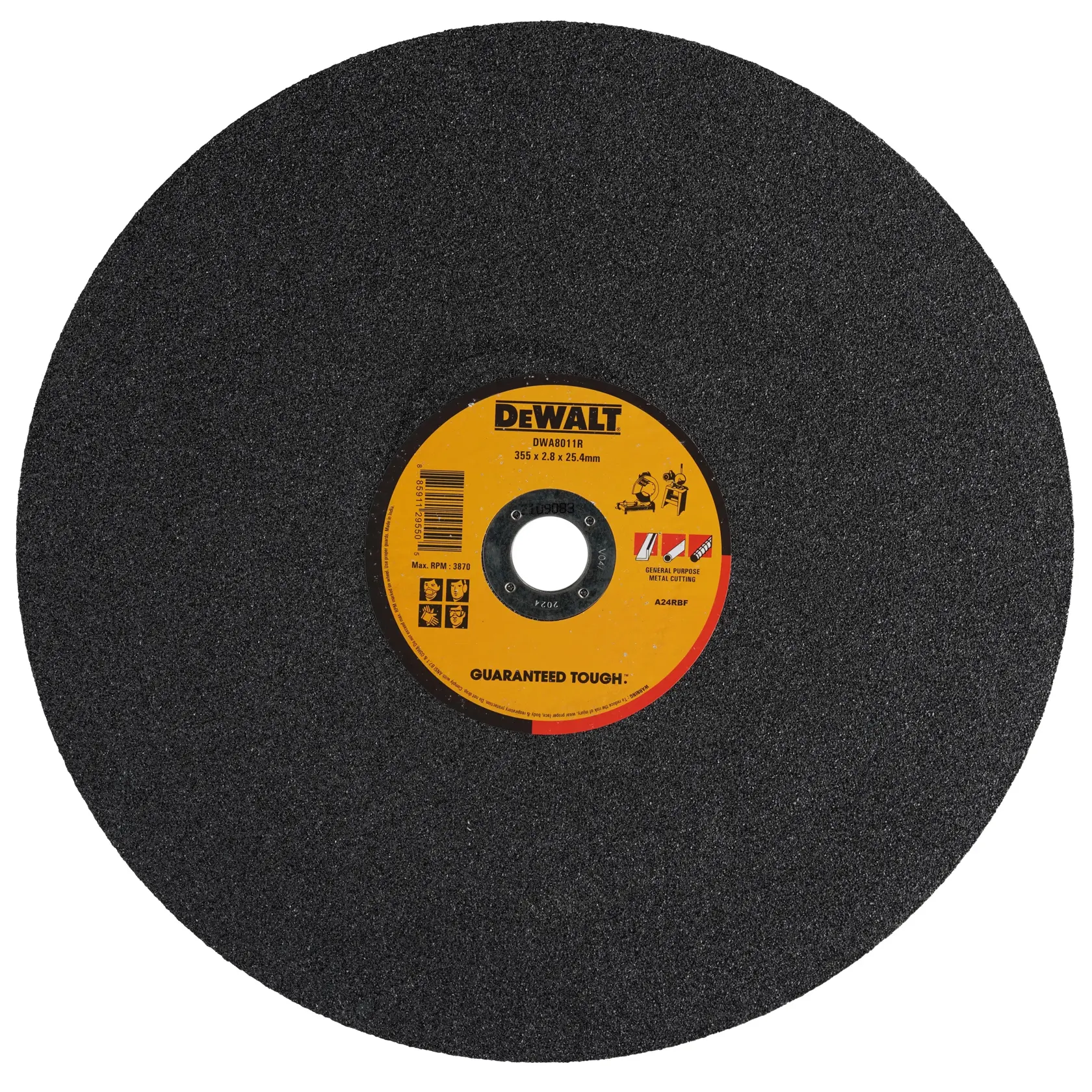 A DEWALT branded metal cutting abrasive wheel with a yellow center label, model DWA8011R, designed for general purpose metal cutting.