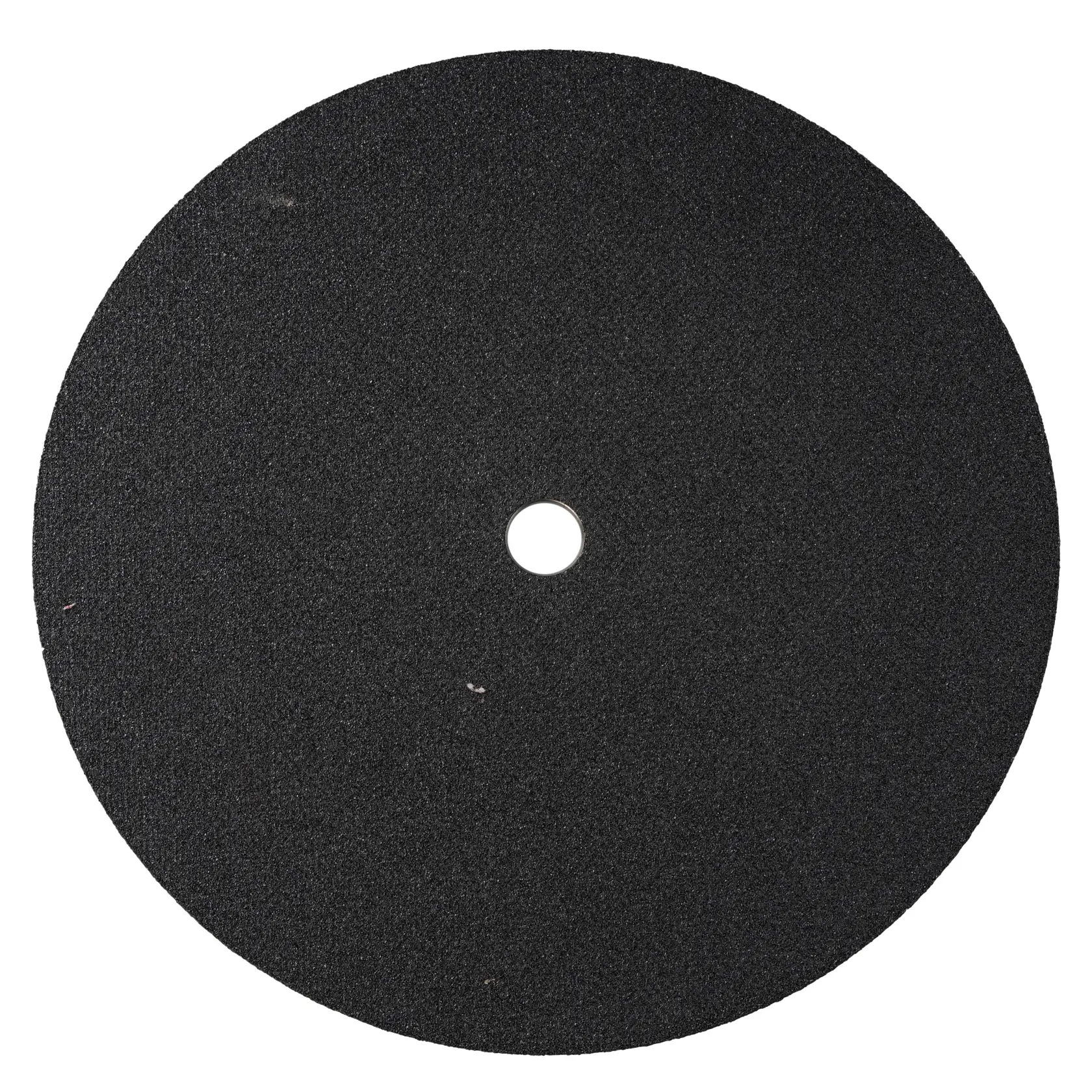 A close-up image of a round, black abrasive cutting disc with a central hole, typically used for cutting metal or other hard materials.