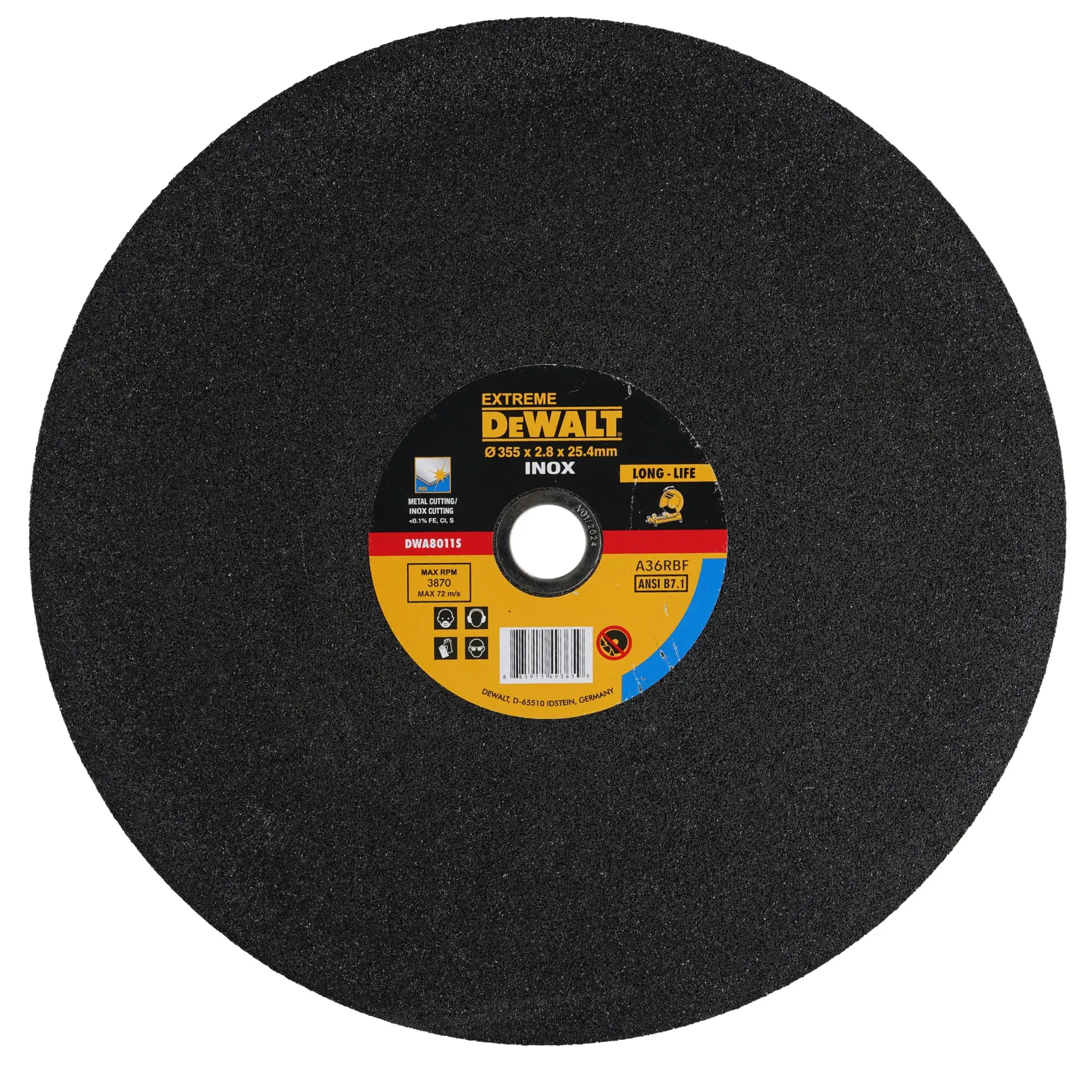 A DEWALT branded cutting disc with the model number DWA8011S, measuring 355 x 2.8 x 25.4 mm, designed for cutting and marked for use on stainless steel (INOX). The disc is mostly black with a central label showing specifications and safety information.