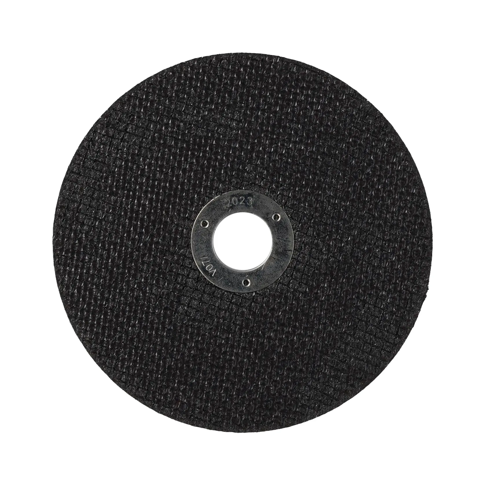 A close-up image of a black circular cutting disc with a textured surface and a central metal mounting hole.