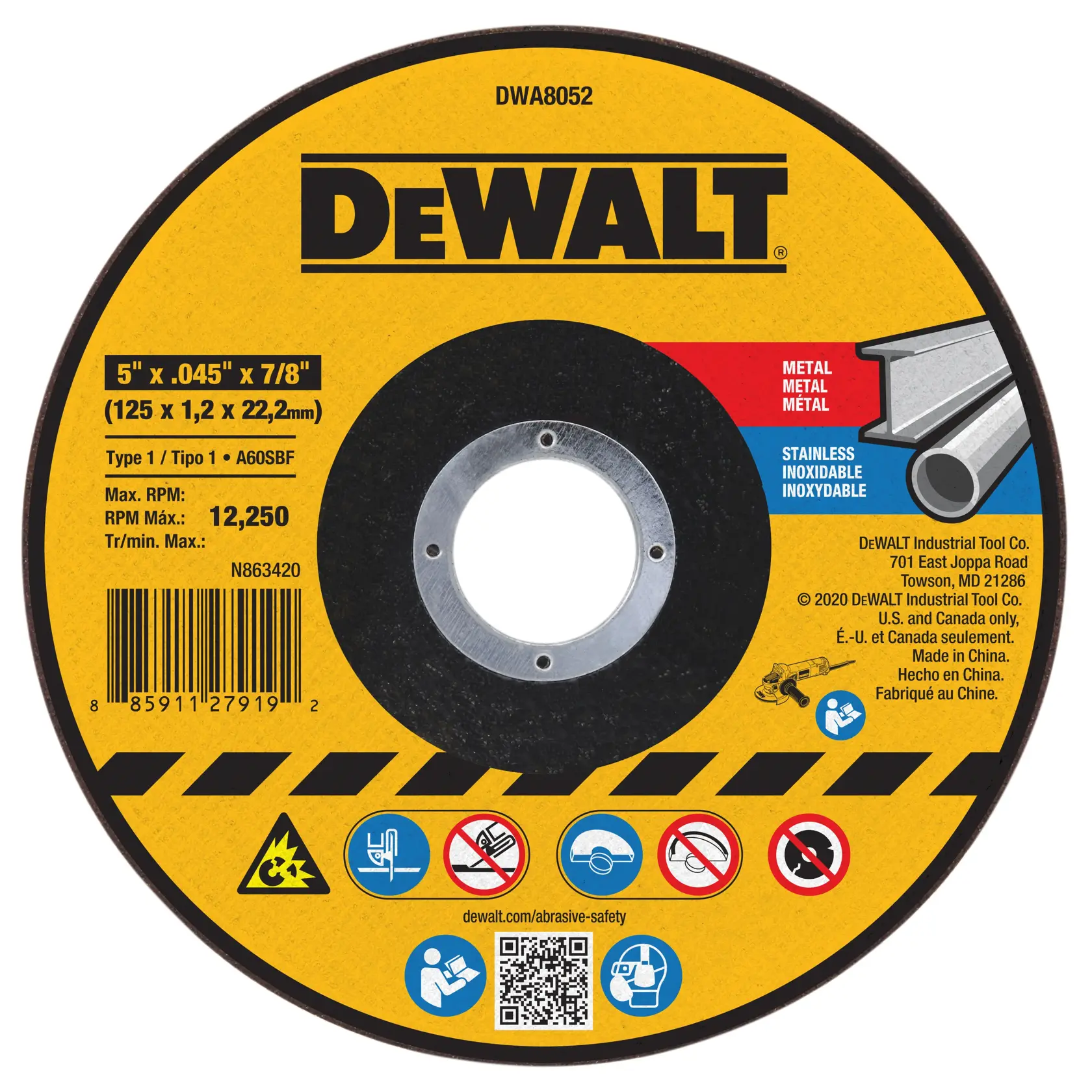 A DEWALT abrasive cutting disc, model DWA8052, designed for cutting metal and stainless steel. The disc is 5 inches in diameter, 0.045 inches thick, with a 7/8 inch arbor. It shows warning symbols for safety precautions and contains technical specifications, including a maximum RPM of 12,250. The disc is labeled for industrial use and displays DEWALT branding.