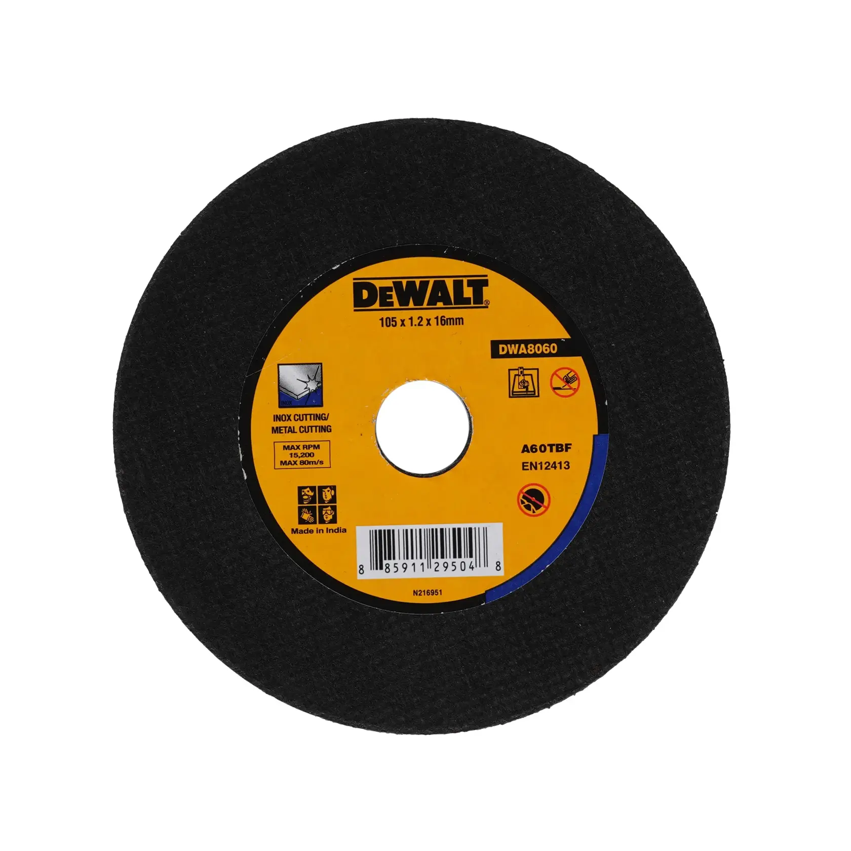 A DEWALT metal cutting disc, model DWA8060, with a size of 105 x 1.2 x 16 mm. The disc is black with a yellow center label detailing specifications and safety icons.