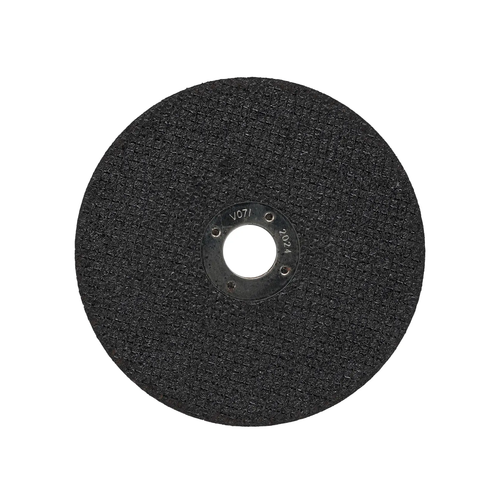 A black abrasive cut-off wheel with a textured surface and a central mounting hole, photographed on a white background.