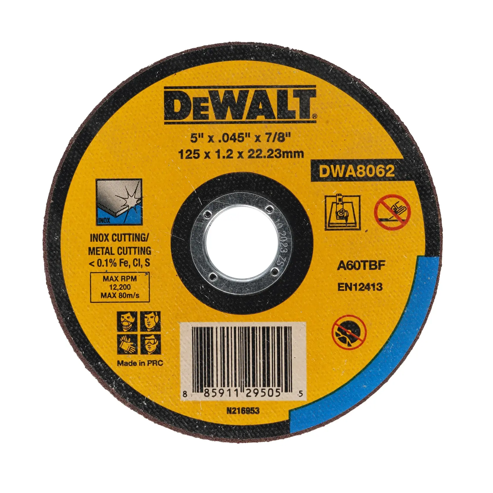 A DEWALT DWA8062 5-inch metal cutting disc with a yellow label. The disc is marked for inox and metal cutting with less than 0.1% Fe, Cl, and S. It has a maximum RPM of 12,200 and size specifications of 125 x 1.2 x 22.23 mm. The product is made in PRC and includes safety symbols.