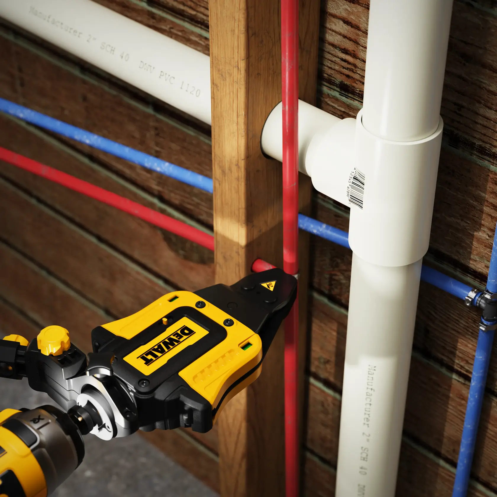 DEWALT power tool cutting a red plastic pipe near wood framing and white PVC pipes in a wall installation.