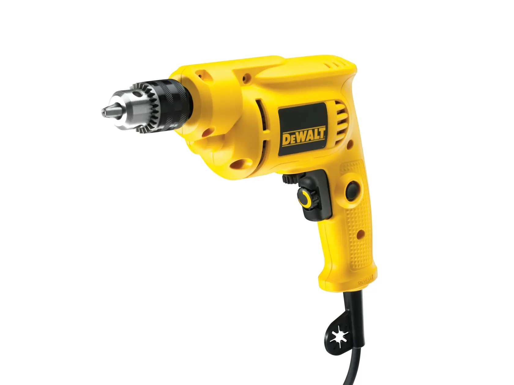 A yellow DEWALT electric drill with a cord, featuring a black chuck and handle, shown against a white background.