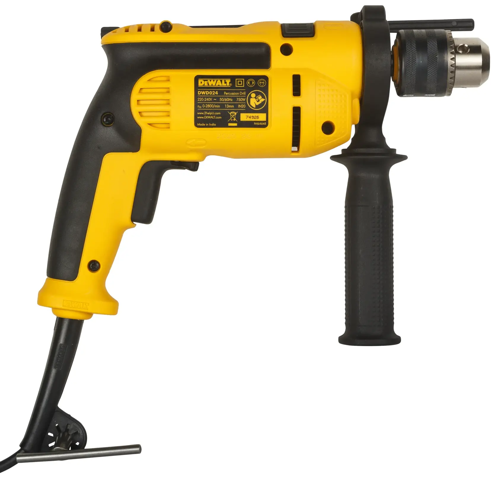 DEWALT yellow drill, model DWD024-QS and DWD024, side view with handle. Photography product.