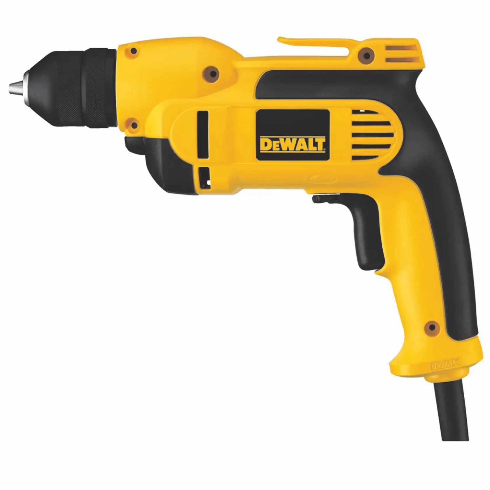 A yellow and black DEWALT corded electric drill with a pistol grip and keyless chuck, model DWD112S, shown in profile on a white background.