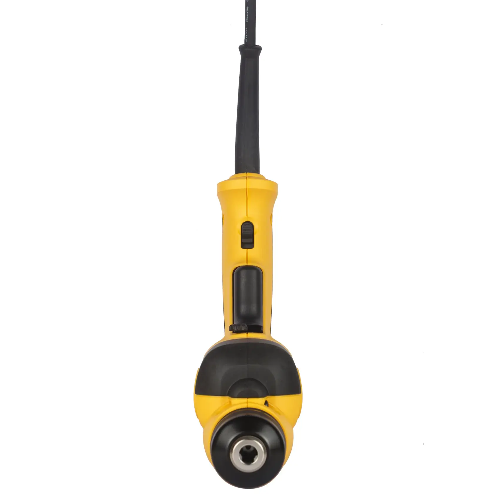 Yellow DEWALT electric drill viewed from the front, showing chuck and handle on a white background.
