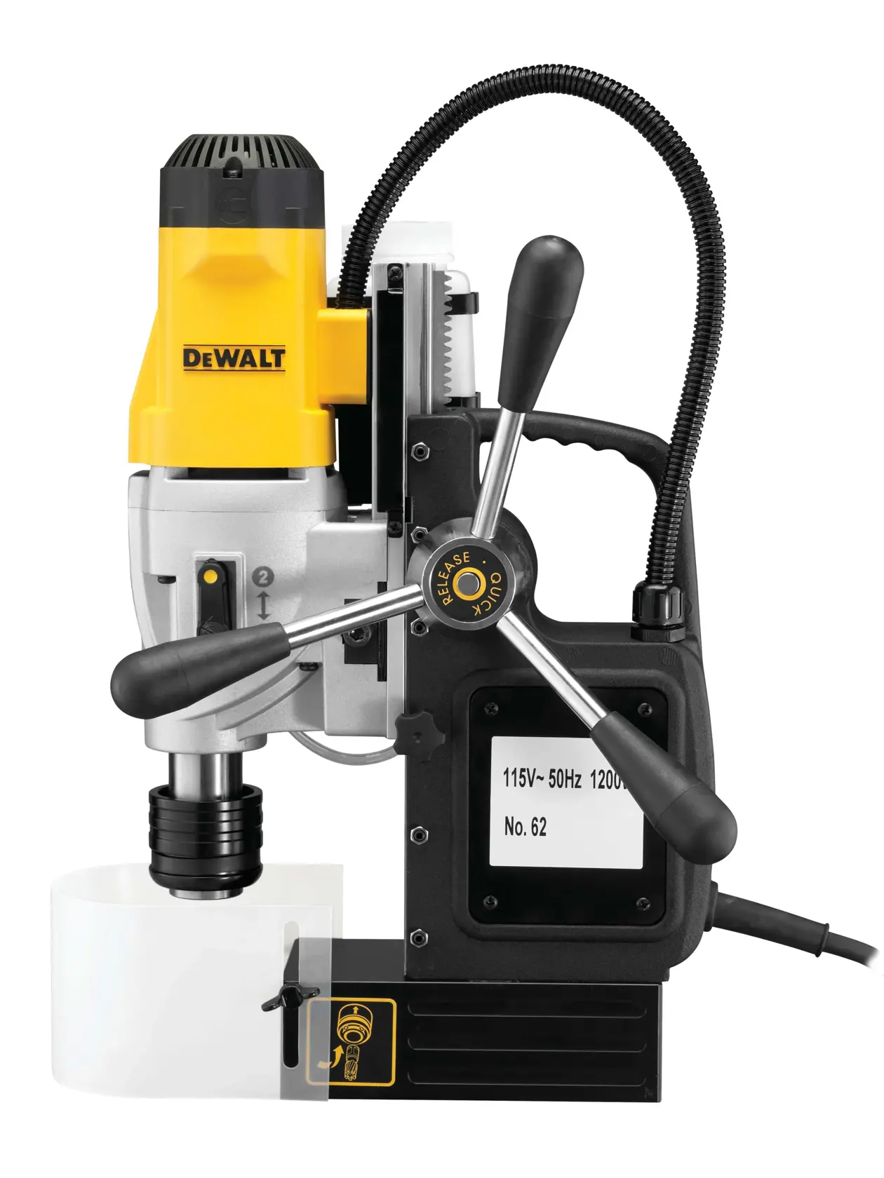 A DEWALT DWE1622K magnetic drill press with a yellow and black motor, control handles, and power cord. The unit is designed for drilling into metal surfaces and includes a magnetic base for secure positioning.