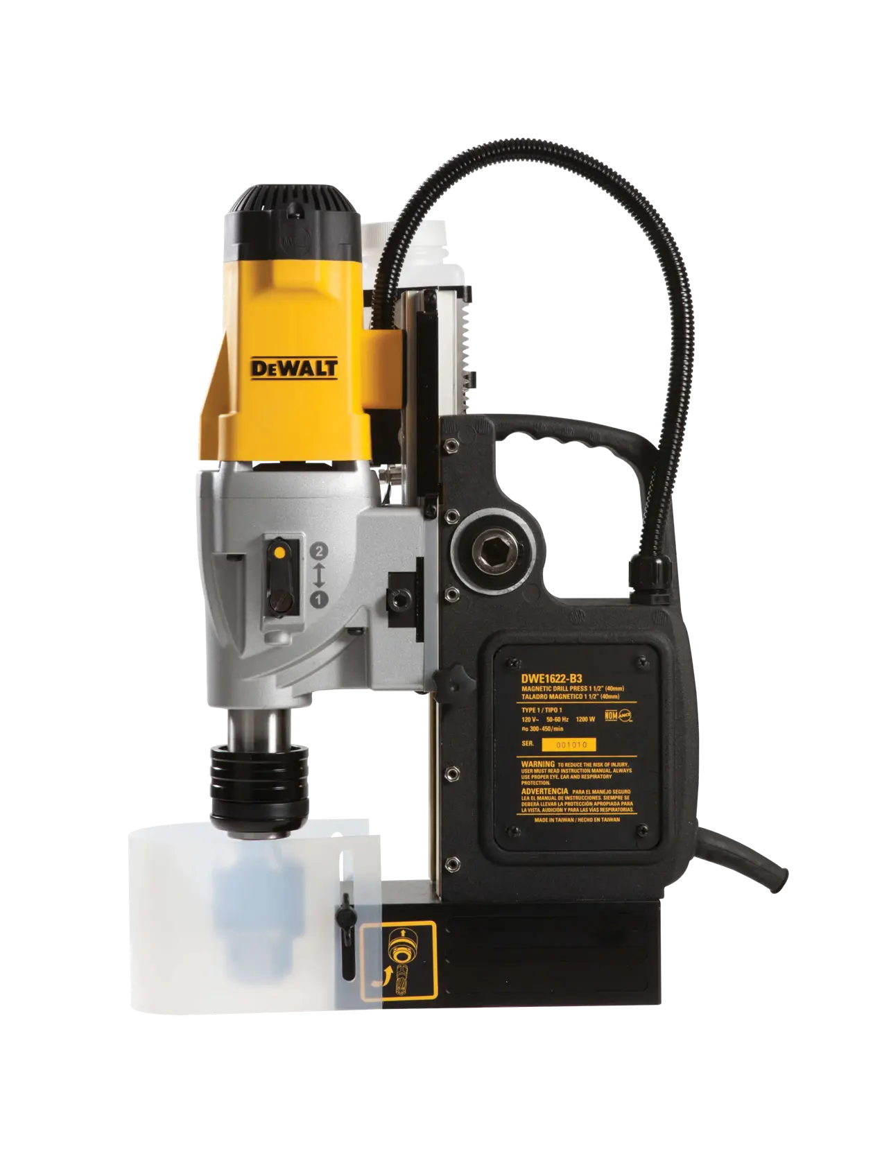 A DEWALT DWE1622K magnetic drill press machine, shown in a side view with distinctive yellow and black color, including a handle, power cord, and control panel.