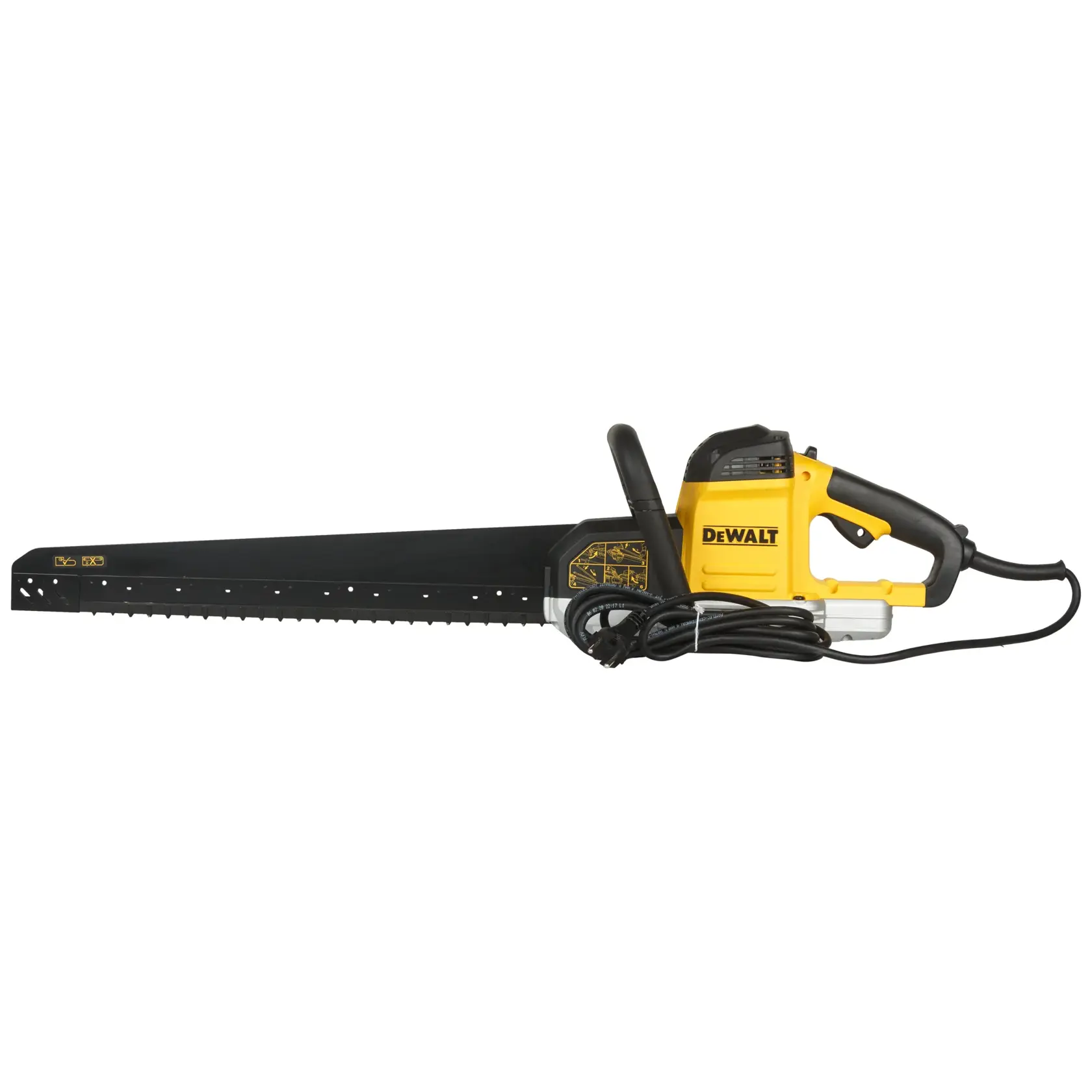 DEWALT DWE397-QS electric saw with long black blade and yellow handle shown against white background.