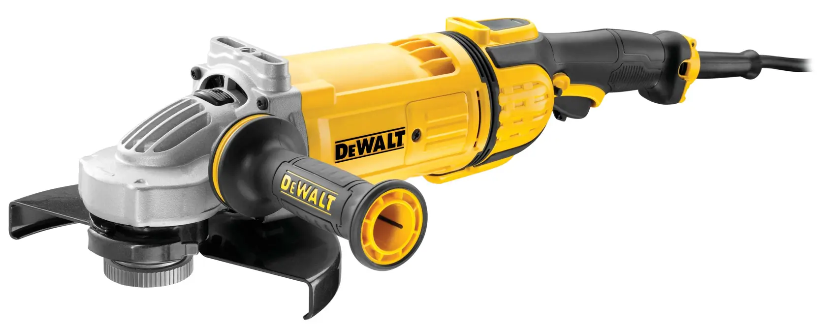 A yellow and black DEWALT branded angle grinder power tool with a side handle and protective guard.