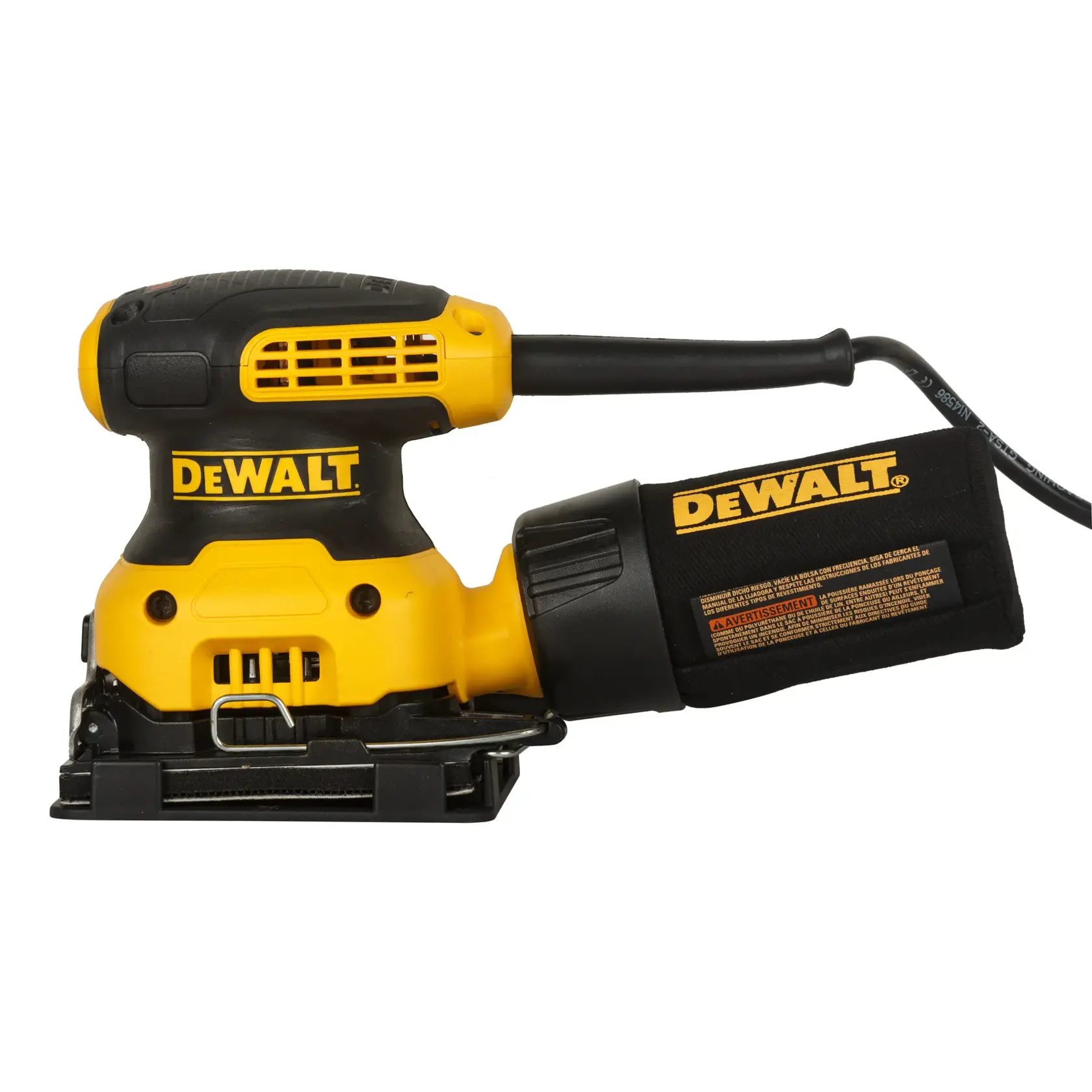 Yellow and black DEWALT electric sander with dust bag, shown on a white background.