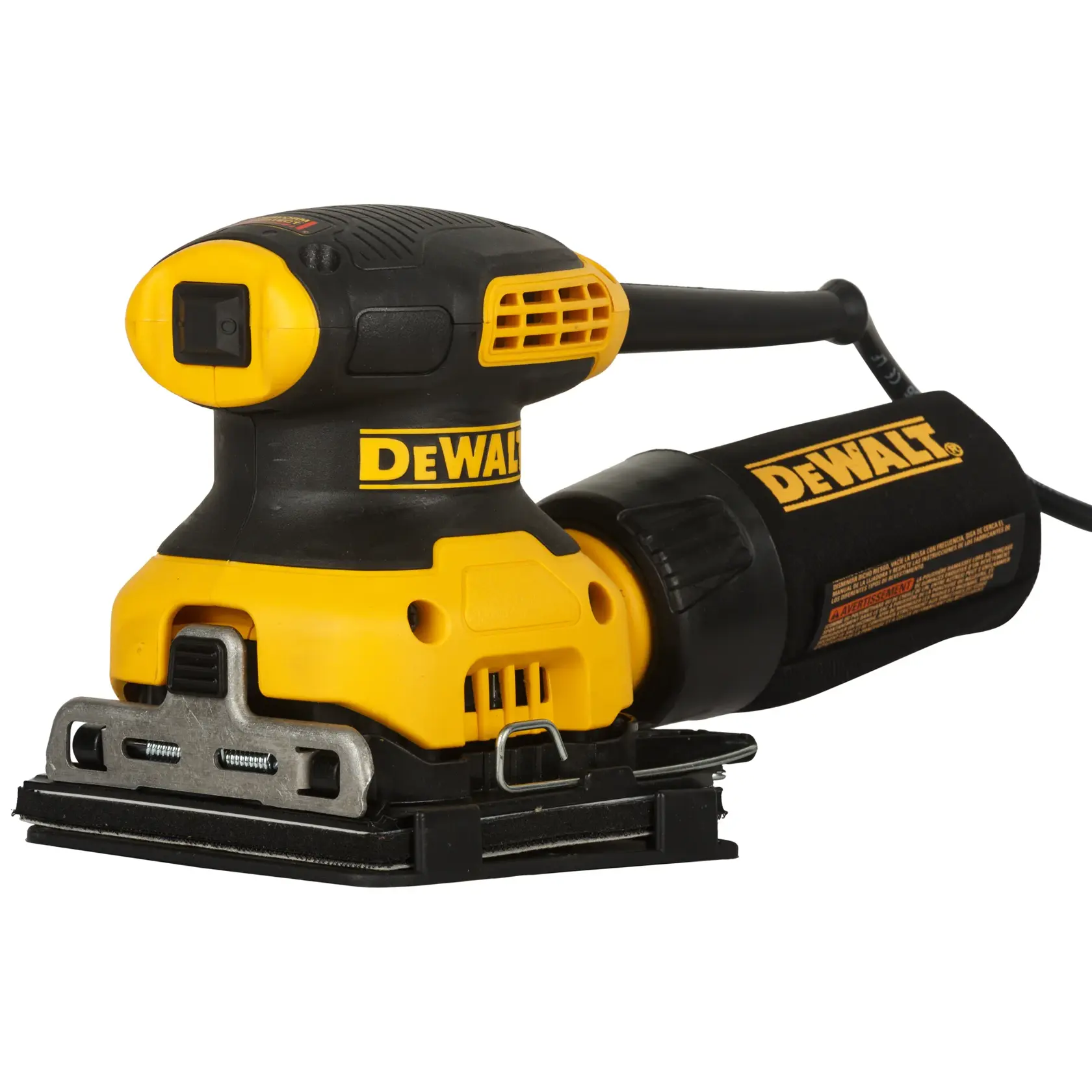 DEWALT DWE6411 yellow and black electric sander with dust bag shown on a white background.