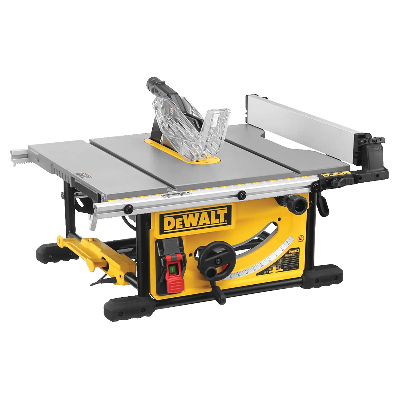 A DEWALT table saw with a yellow and black body, featuring a large flat work surface, a transparent blade guard, an adjustable fence, and a control dial on the front.