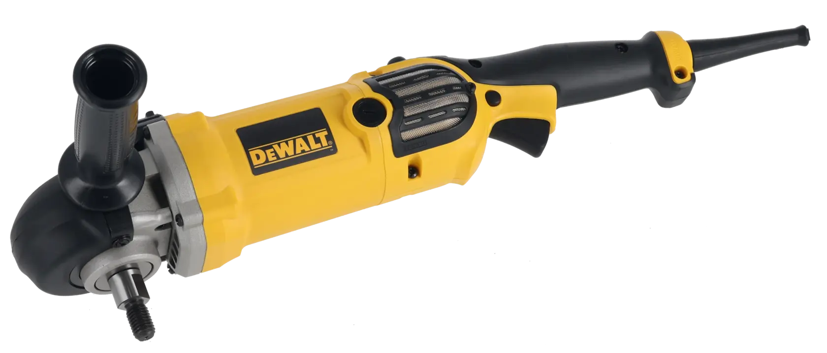 A DEWALT branded electric polisher with a yellow and black body, a side handle for better grip, and an exposed spindle for attaching polishing or buffing pads. The tool is shown isolated on a white background.