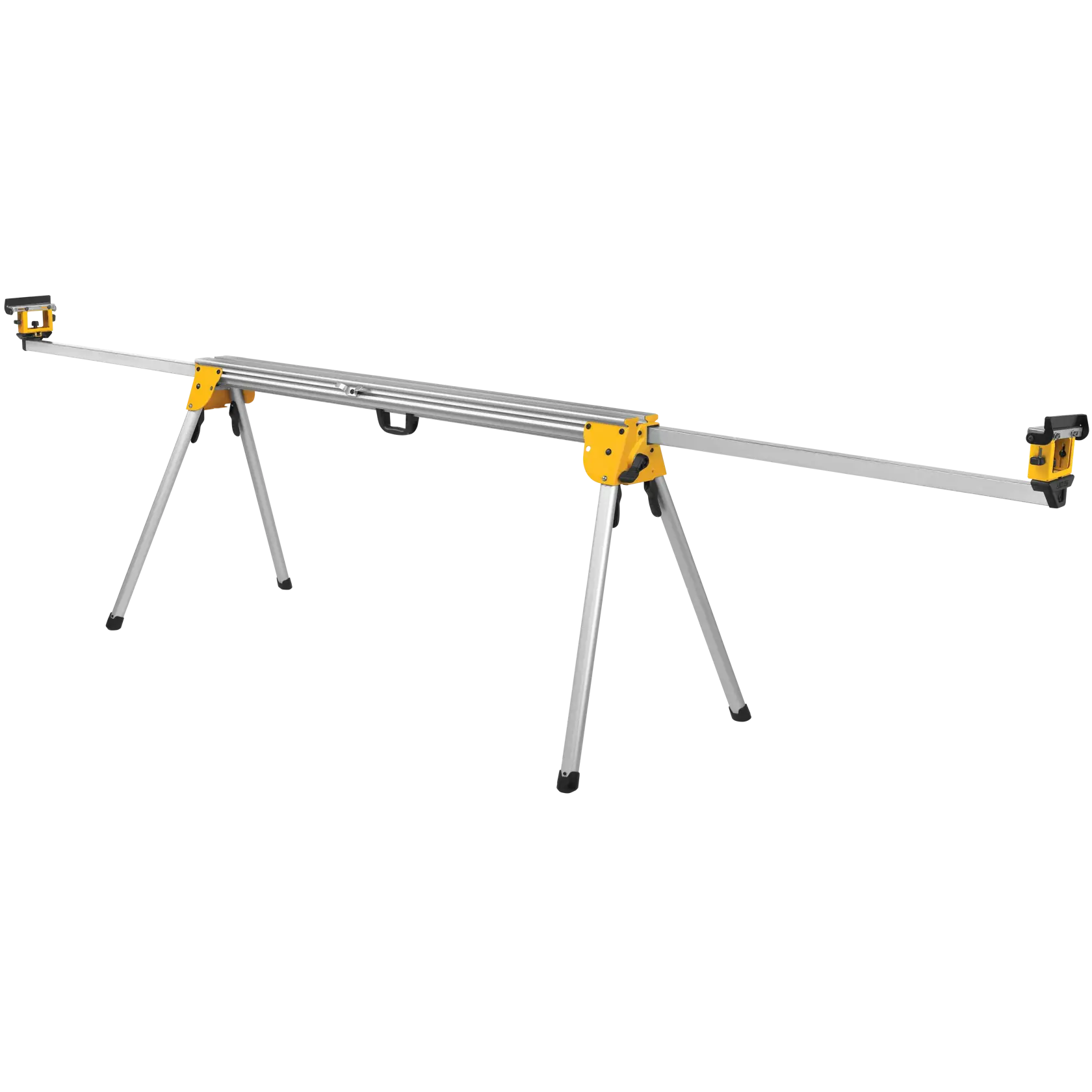 A DEWALT miter saw stand, model DWX723, with extendable aluminum arms and folding legs designed for supporting heavy materials during woodworking or construction projects.
