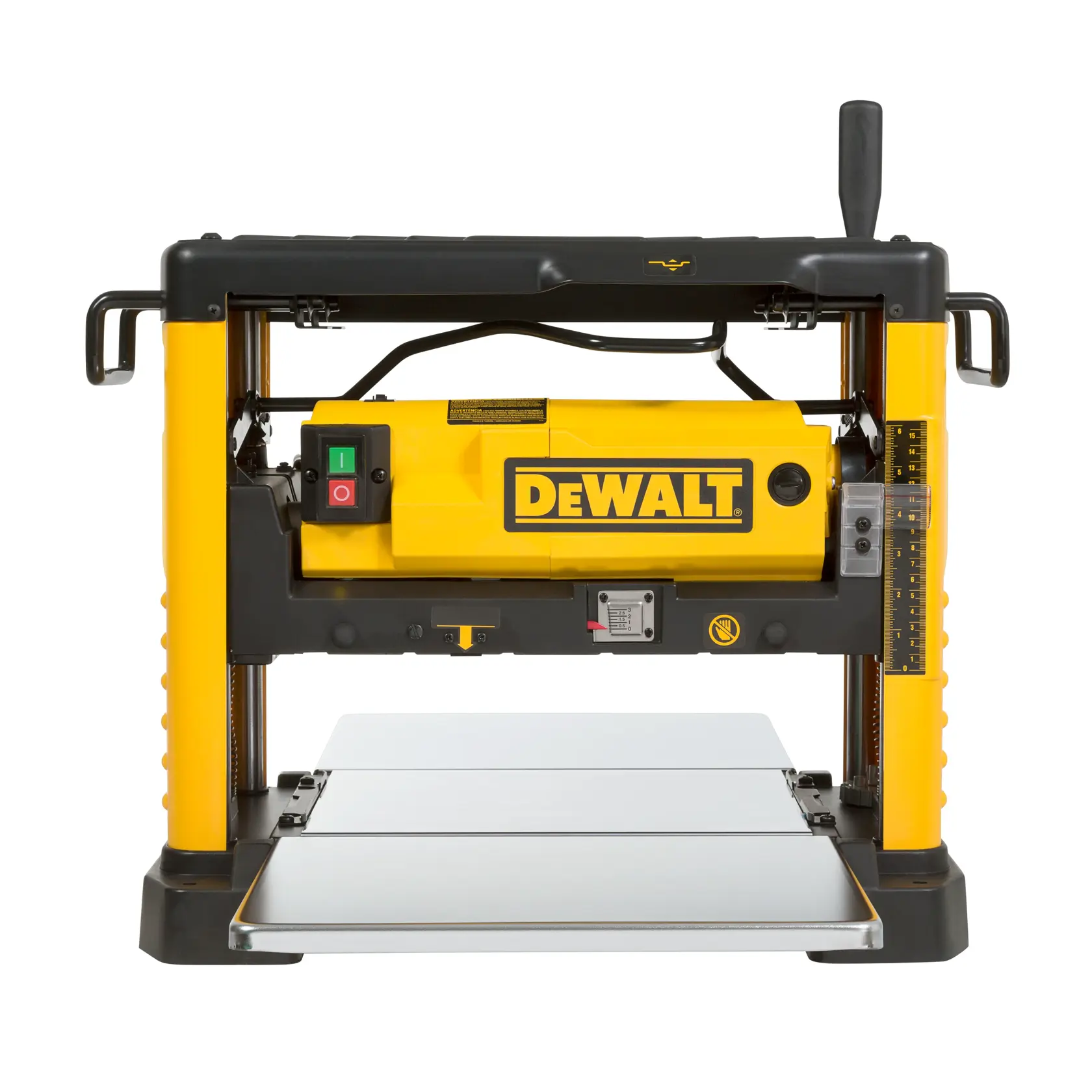 Front view of a DEWALT DW733 yellow thickness planer used for woodworking and smooth surface finishing.