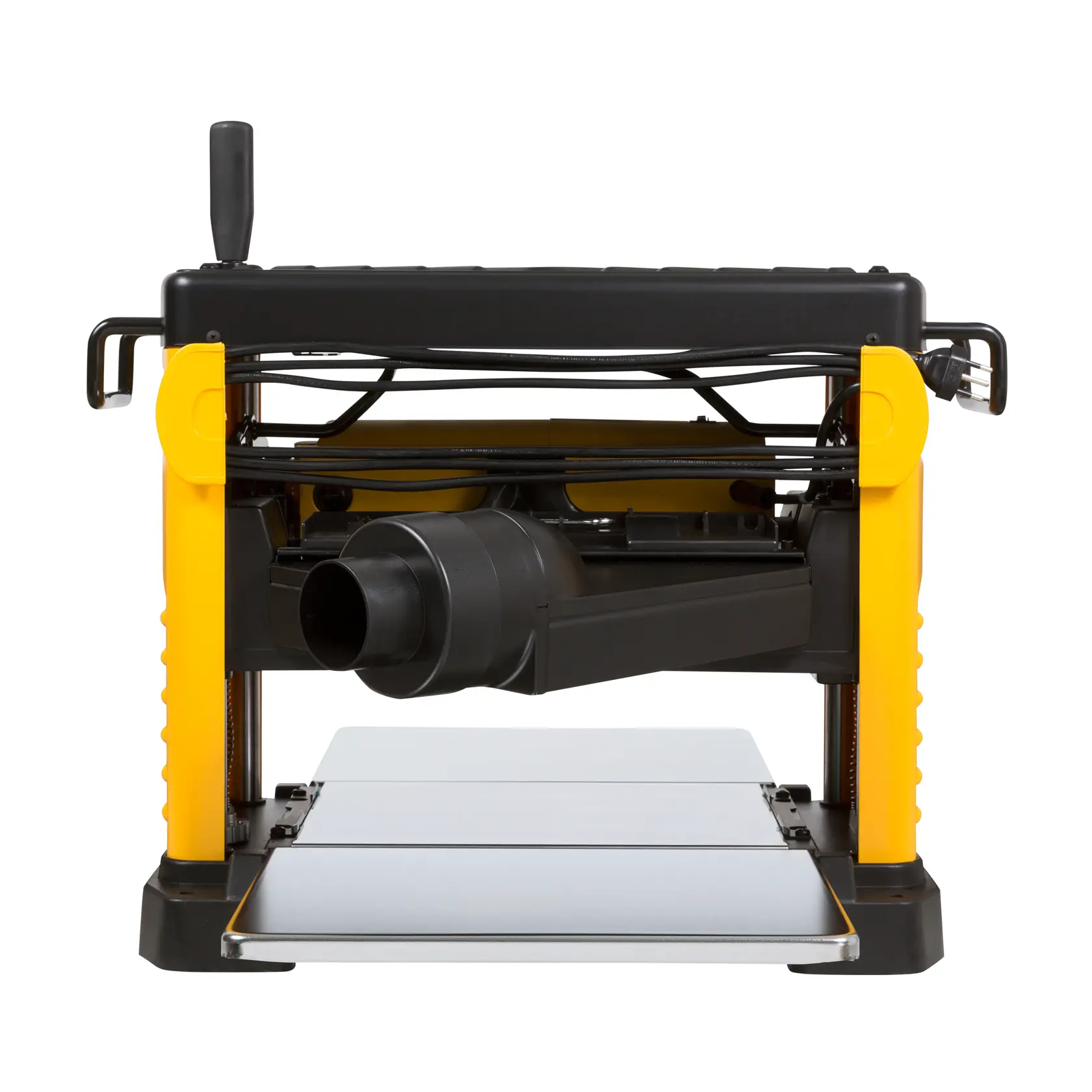 Front view of a DEWALT DW733 wood planer with yellow sides and a black dust extraction port.